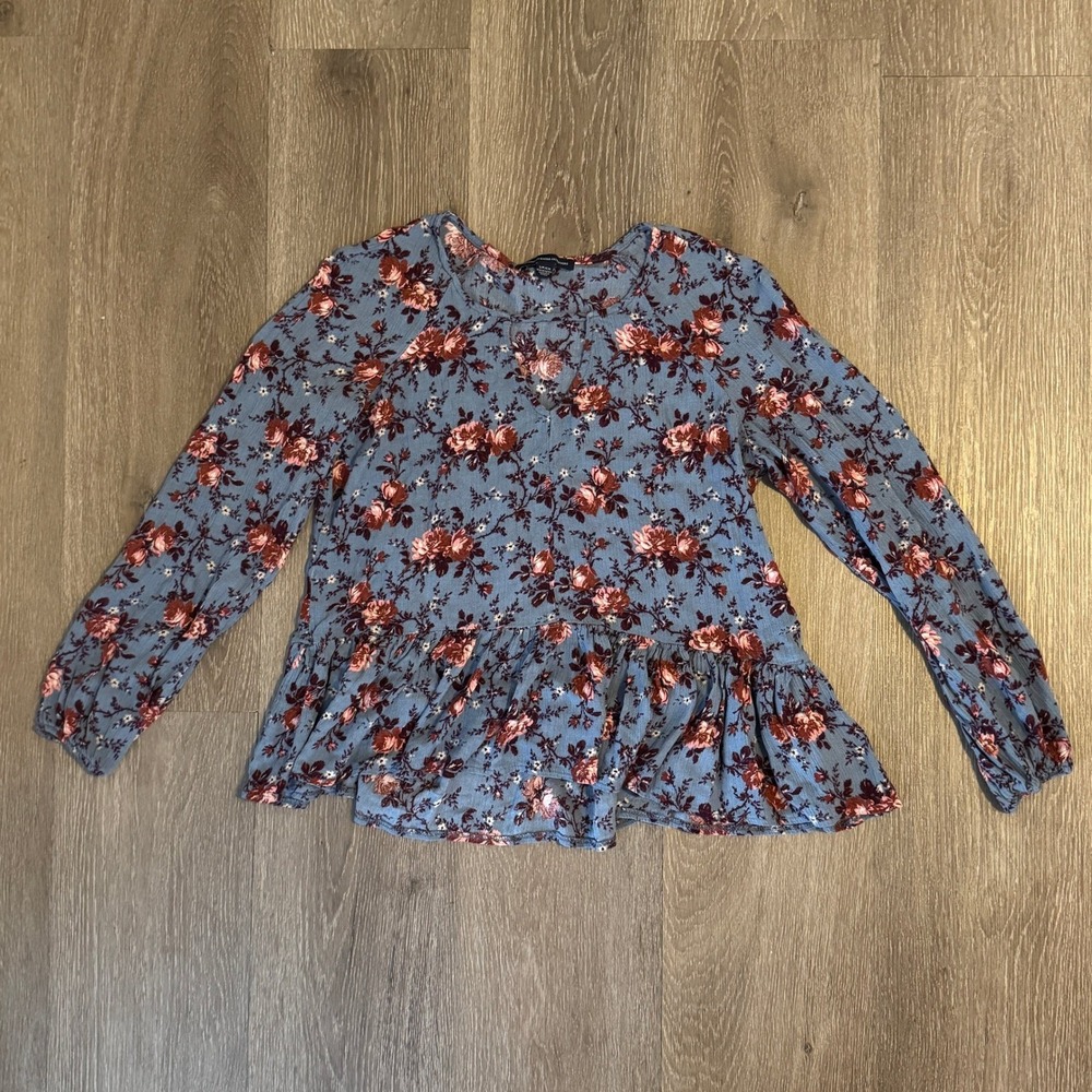 American Eagle Blue Floral Peplum Blouse Cutout V-Neck Long Sleeve Viscose Small